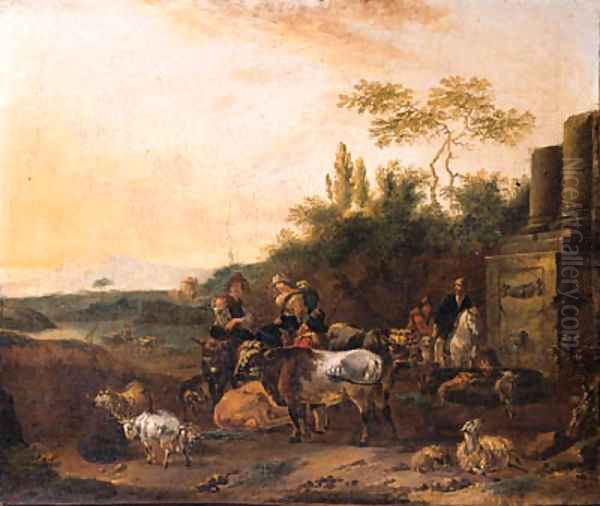 Cowherds and shepherds with cattle by classical ruins in an Italianate landscape - view 1