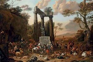 An Italianate landscape with a market by ruins