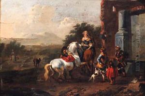 Travellers by a roadside Fountain