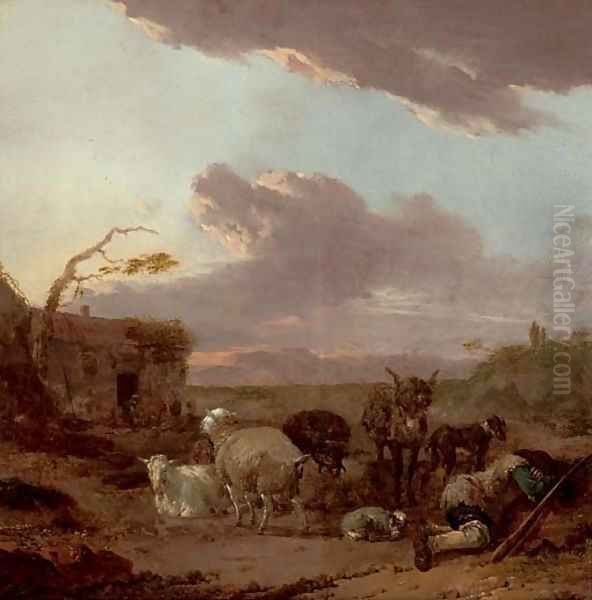 An evening landscape with a shepherd resting with his flock by a house - view 1