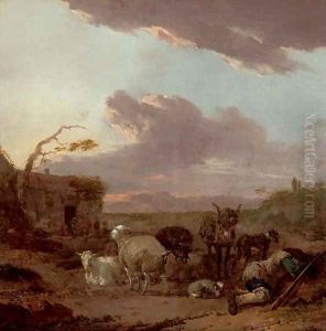 An evening landscape with a shepherd resting with his flock by a house