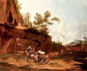 Herders resting in an italianate landscape