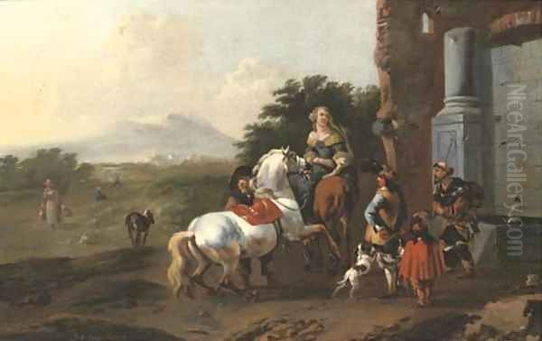 Riders resting by a fountain with a mendicant and dogs, figures on a path and mountains beyond - view 1