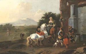 Riders resting by a fountain with a mendicant and dogs, figures on a path and mountains beyond