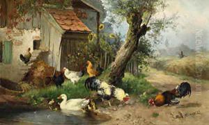 Roosters, Hens and Ducks on the Farm by Julius Scheuerer