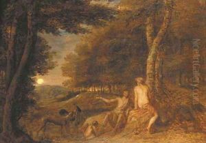 A wooded landscape with figures fishing by a waterfall by Maximilian Joseph Schinnagl