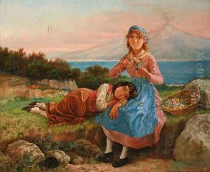 Two girls resting on a bank with a basket of flowers, Vesuvius and the bay of Naples beyond by Neopolitan School