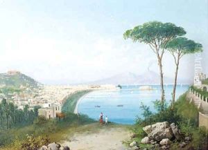 View of Naples with Mount Vesuvius beyond by Neopolitan School