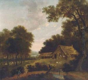 A farmstead in a wooded landscape by Norwegian School