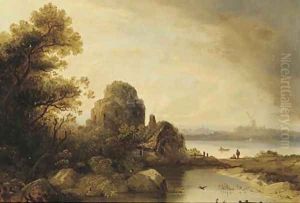 Figures by a watermill in a river landscape, a windmill beyond by Norwegian School