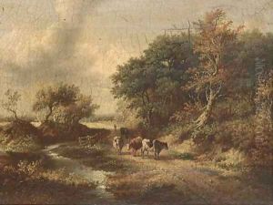 Cattle on a wooded track by Norwegian School