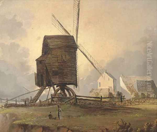 Figures before a coastal windmill - view 1