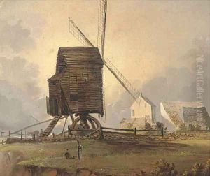 Figures before a coastal windmill by Norwegian School