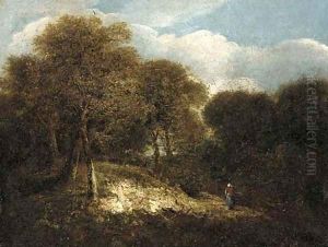 Figures on a path in a wooded landscape by Norwegian School