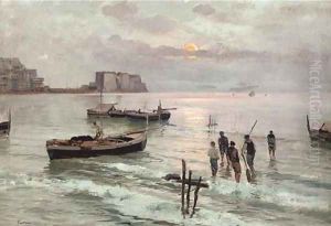 Italian fishermen at dusk by Raimondo Scoppa