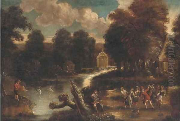 A wooded river landscape with merry-makers - view 1