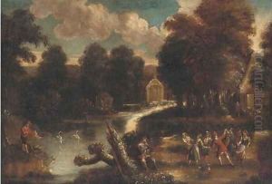 A wooded river landscape with merry-makers by Tyrolean School