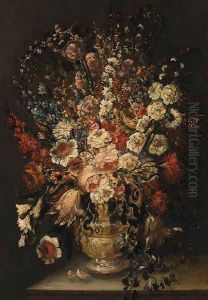 Roses, Carnations, Tulips, and other Flowers in a sculpted Urn on a Ledge