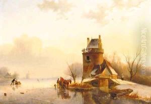 A tower by a frozen lake