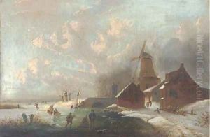 Figures on a frozen waterway by Andreas Schelfhout