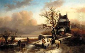 Figures by a cottage in a Dutch winter landscape by Andreas Schelfhout