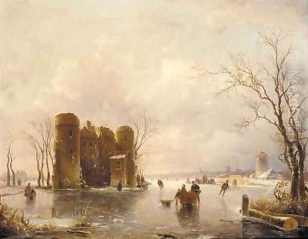 Figures skating on a frozen pond, windmills beyond - view 1