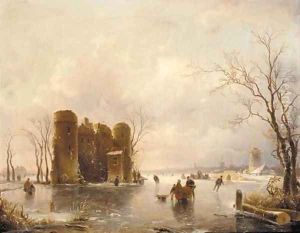 Figures skating on a frozen pond, windmills beyond by Andreas Schelfhout
