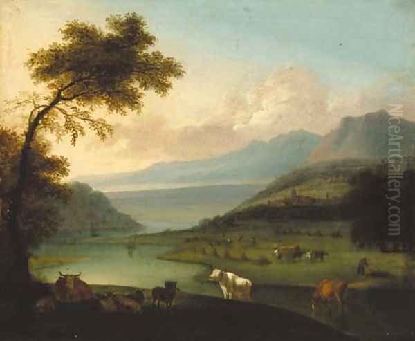 Cattle in an extensive river landscape, harvesters beyond - view 1