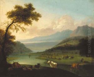 Cattle in an extensive river landscape, harvesters beyond by Jan Siberechts