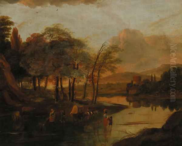 Peasants fording a river - view 1