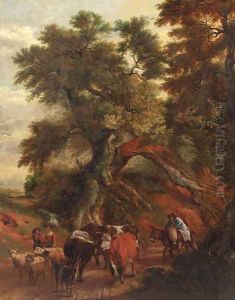 Peasants with cattle and flock returning from market on a country road by Jan Siberechts
