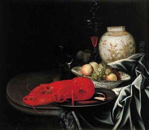 A lobster and a knife on a pewter plate by Jurriaen Van Streeck