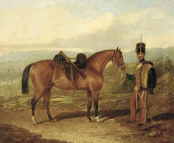 A hussar with his mount in an extensive landscape - view 1