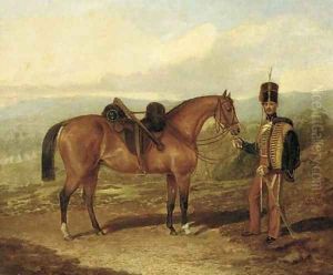 A hussar with his mount in an extensive landscape by Samuel Spode