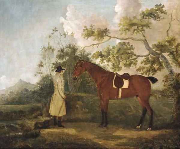 A bay hunter with a groom in a landscape - view 1