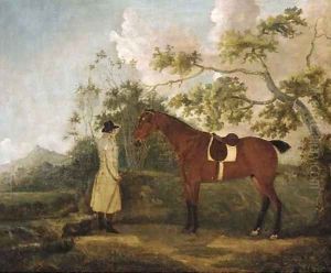 A bay hunter with a groom in a landscape by Thomas Spencer