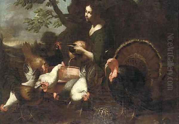 A girl watering chickens and cocks in a landscape, a turtle in the foreground - view 1
