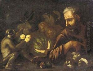 A man and a monkey with a melon, figs, mushrooms and peaches on a table