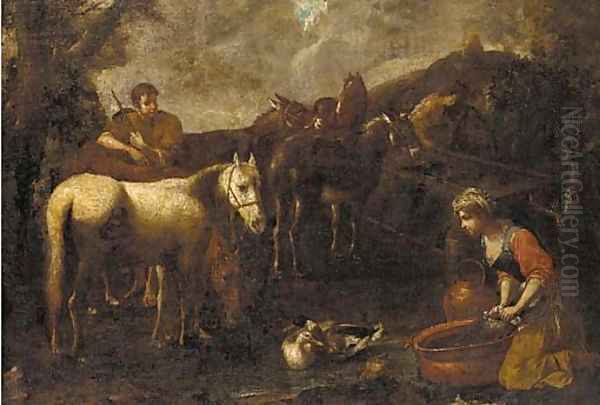 A drover with horses and donkeys stopped at a watering trough, a washerwoman kneeling nearby - view 1