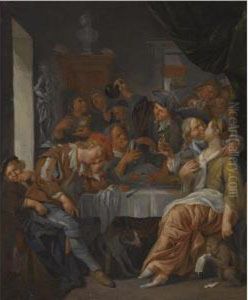 An Interior With Figures Eating And Drinking Around A Table by Jacob Van Toorenvliet