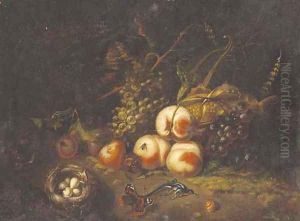 A forest floor still life with peaches