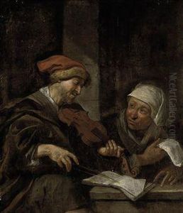 Two Figures Making Music In An Interior by Jacob Van Toorenvliet