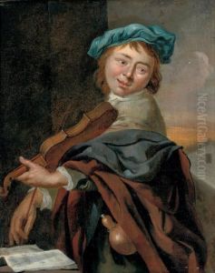 A Fiddler Standing Before A Score Of Music