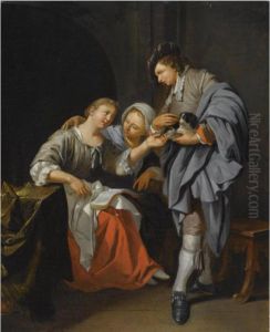 An Interior Scene With Two
Seated Women Conversing With A Standingyoung Man, Elegantly Dressed,
Holding A Dog by Jacob Van Toorenvliet