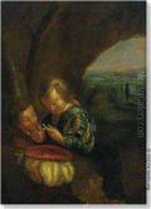 Van Torenvliet Circle. Children With Bird In A Cave. Panel by Jacob Van Toorenvliet