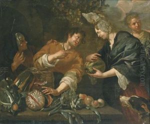 A Lady Buying Fruit At A Market Stall by Jacob Van Toorenvliet