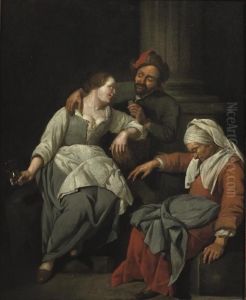 A Couple Embracing, A Procuress Asleep Nearby by Jacob Van Toorenvliet