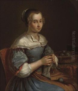 Portrait Of A Young Woman, Half-length, Seated In A Blue Dress, Sewing At A Table