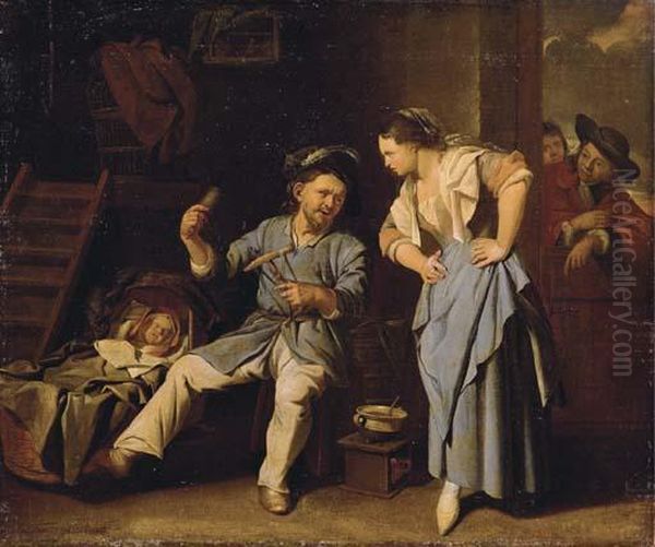 A Man Spinning Yarn With A Peasant Woman And A Baby In A Wicker Cot - view 1