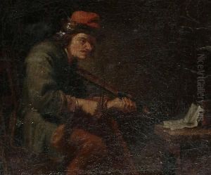 A Man, Seated, Playing A Fiddle.